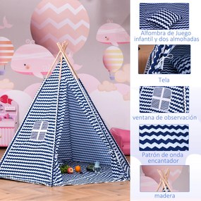 HOMCOM Tenda Infantil Tipi infantil estilo indiano com janela para cobrir o piso e 2 almofadas Bolsa de transporte 200x200x170 cm Azul