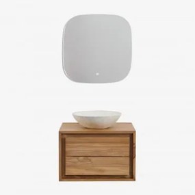 Conjunto De Móveis De Banheiro Em Madeira De Teca Jabari Madeira De Teca & Cimento Redondo Branco Ø40 Cm Zavion & Quadrado Led - Sklum