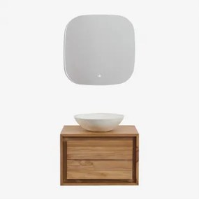 Conjunto De Móvel De Casa De Banho Suspenso Em Madeira De Teca Jabari Madeira De Teca & Cimento Redondo Branco Ø40 Cm Zavion & Quadrado - Sklum