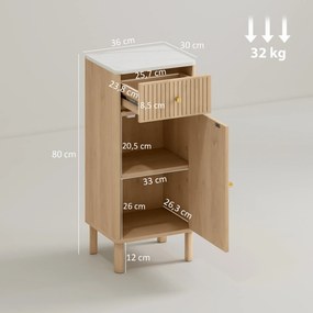 Móvel de casa de banho 36 x 30 x 80 cm, móvel de arrumação com tampo com efeito de mármore e porta com ranhuras, gaveta cor carvalho