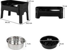 Comedouro Elevado para Cães e Gatos, 44 x 26,5 x 37 cm, Altura Ajustável, Preto