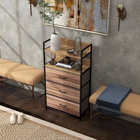 Móvel de arrumação de estilo industrial, com 3 gavetas tecido e 2 prateleiras - 60 x 29 x 101 cm - MDF e metal natural, preto