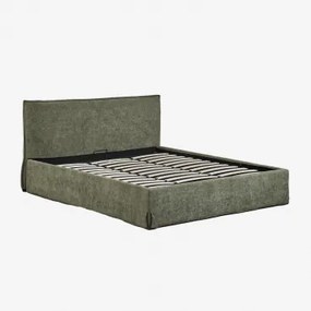 Cama Com Baú Articulado Estofada Lorea 160 X 200 Cm & Chenille Verde Sálvia - Sklum