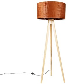 Candeeiro de pé em madeira com abajur de tecido laranja 50 cm - Tripod Classic Rústico