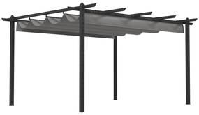Outsunny Pérgola de Jardim 3,96x2,96x2,2 m com Teto Retrátil Tecido de Poliéster e 8 Orifícios de Drenagem Cinza