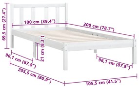 Estrutura de cama 100x200 cm madeira pinho maciço branco