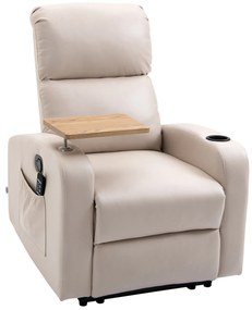 HOMCOM Poltrona de Massagem Poltrona Relax Elétrica com 4 Modos de Vibração Reclinação 145° Estofada em Microfibra Controlo Remoto Mesa 2 Bolsos Laterais e Suporte para Copos 77x93x105cm Bege
