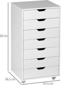 Armário de escritório com rodas, com 7 gavetas organizadoras 47,5 x 39,5 x 90 cm branco