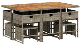 11 pcs conjunto jantar p/ jardim c/ almofadões vime PE cinzento