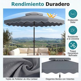 Guarda-sol de 300 cm com inclinação bidirecional de 30° (BASE NÃO INCLUIDA), teto ventilado, 2 camadas, 8 varas metálicas e folhos, para pátio e pisci