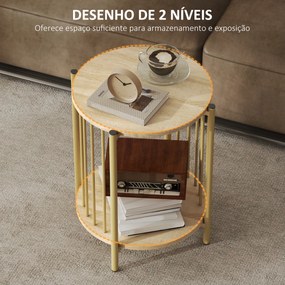 Mesa Lateral Redonda de 2 Níveis com Prateleira de Armazenamento e Estrutura de Aço para Sala e Quarto Ø41x49 cm Madeira