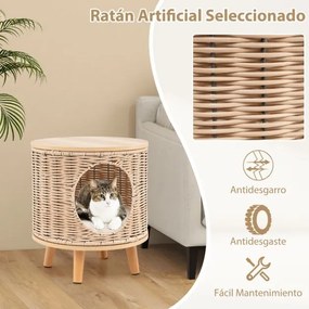 Casa para gatos de interior com estrutura em rattan respirável, pés em madeira de borracha, parte superior em MDF e almofada removível bege