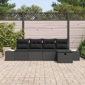 Conjunto de Sofá de Jardim de 5 Peças com Almofadas Preto Rattan Polié