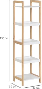 Estante de casa de banho em bambu, modelo vertical, com 3 cestos + 2 prateleiras, 32 x 30 x 130 cm, bege e branco
