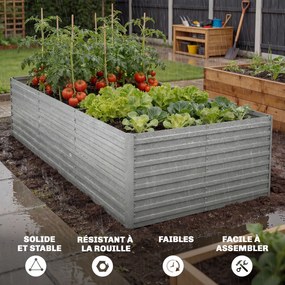 Floreira jardim 240 x 120 x 60 cm, elevada galvanizada com rebordo de segurança e fundo aberto, cinzento prateado