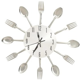 Relógio de parede design colher e garfo 31 cm alumínio prateado