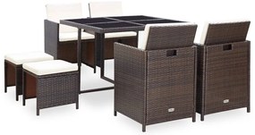 9 pcs conjunto jantar exterior c/ almofadões vime PE castanho