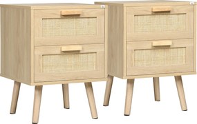 HOMCOM Conjunto de 2 Mesas de Cabeceira Mesas Auxiliares 2 Gavetas Frentes Aspecto Vime Rotim Estilo Boémio 40x40x56 cm Natural | Aosom Portugal