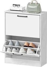 Sapateira Estreita 2 Portas de Alto Brilho 60x24x80 cm com Prateleiras Ajustáveis Design Mármore para 8 Pares de Sapatos  Branco