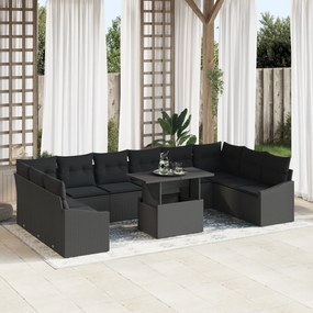 Conjunto de Sofá de Jardim de 11 Peças com Almofadas Preto em Rattan