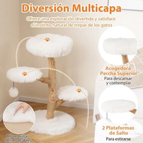 Torre para gatos em madeira maciça de pereira 50 x 90 cm (diâmetro x altura) com plataforma, bola suspensa e postes para arranhar brancos