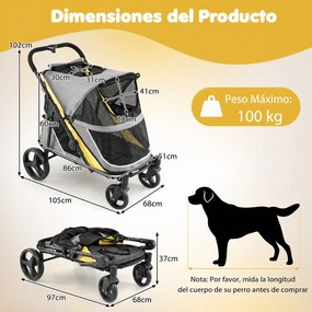 Carrinho Dobrável para Animais de Estimação, 105 x 68 x 102 cm, Dobragem Rápida, Amarelo+Cinza