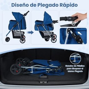 Carrinho dobrável para animais de estimação, leve, com capota ajustável, almofada lavável, cesto de armazenamento e porta-copos, 3 rodas, até 15 kg Az