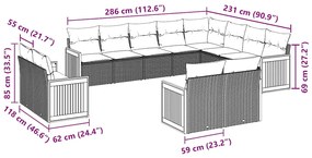 12 pcs conjunto de sofás de jardim c/ almofadões vime PE preto
