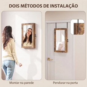Espelho para Joias de Parede com Fechadura e Compartimentos para Parede ou Porta Castanho Rústico e Forro Preto