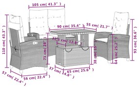 4 pcs conjunto de jantar p/ jardim c/ almofadões vime PE bege