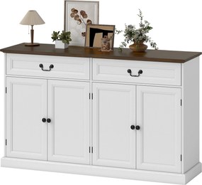Aparador de sala, móvel de arrumação com 4 portas, 2 gavetas silenciosas, prateleiras ajustáveis, 140 x 40 x 85 cm, branco e castanho