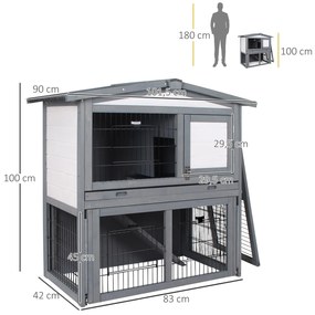 PawHut Coelheira de Exterior de Madeira de 2 Níveis Gaiola para Coelhos e Animais Pequenos com Teto Asfástico Zona Aberta Bandeja Removível e Rampa 101,5x90x100cm Cinza