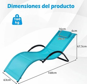 Conjunto de 2 espreguiçadeiras de exterior com estrutura curva, encosto de cabeça removível e apoios de braços ergonómicos para jardim ou praia, azuis