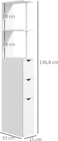 Móvel de coluna para casa de banho 15 x 33 x 136,5 cm, armário de casa de banho com gavetas e prateleiras abertas, branco