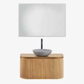 Conjunto De Móvel De Casa De Banho Suspenso Em Madeira De Manga Analis Madeira Natural & Cimento Cinzento Redondo Ø40 Cm Tarsis & Led - Sklum