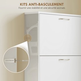 Sapateieira com capacidade para 15 pares, armário para sapatos moderno e estreito com 5 gavetas rebatíveis, 65 x 17 x 180,5 cm, branco