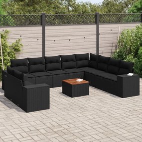 11 pcs conjunto sofás de jardim c/ almofadões vime PE preto