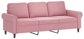 Sofá 3 lugares c/ almofadas decorativas 180 cm veludo rosa