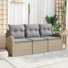 vidaXL Conjunto de Sofá de Jardim de 3 Peças com Almofadas Bege Rattan Poliéster