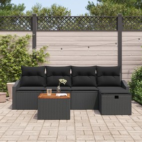 Conjunto de Sofás de Jardim de 6 Peças com Almofadas Pretas de Rattan