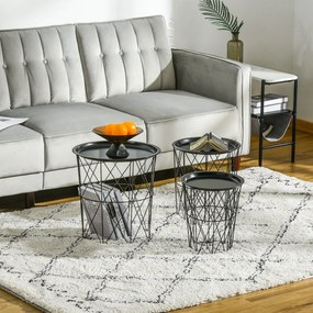HOMCOM Conjunto de 3 mesas laterais empilháveis Cestos de metal com bandeja removível e espaço de armazenamento Estilo moderno para sala de estar Diâmetro Ø43 Ø35 e Ø30 preto