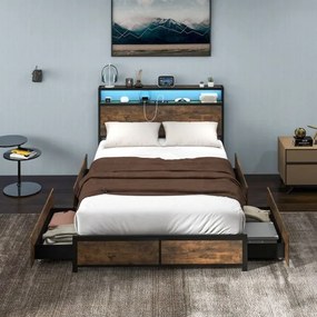 Estrutura de cama de casal 140 x 200 cm em metal (COLCHÃO NÃO INCLUIDO) Cabeceira com luz LED RGB 4 Ligação USB  gavetas de arrumação Castanha