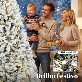 Árvore de Natal nevada com luzes LED 200 cm, abeto Fraser, ramos articulados, base metálica dobrável, verde e branco