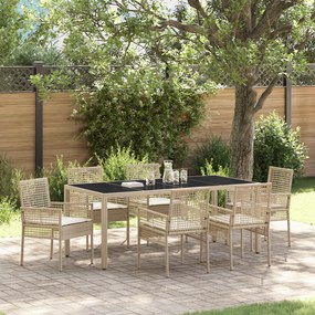 Conjunto de Jantar de Jardim com 7 Peças e Almofadas Bege em Rattan Sintético