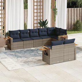 8 pcs conjunto sofás p/ jardim c/ almofadões vime PE cinzento
