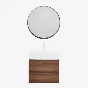 Conjunto De Móvel De Casa De Banho Em Madeira E Chapa De Freixo Com Lavatório Integrado Ona Madeira Escura & Redondo Led - Sklum