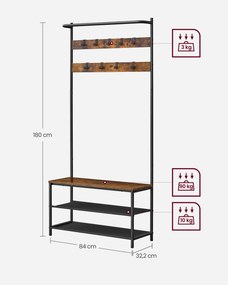 Armário entrada, hall com banco para sapatos estilo industrial 32,2 x 84 x 180 cm castanho vintage-preto