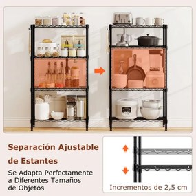 Estante metálica 59 x 34 x 108 cm ajustável de 4 níveis com grelha de arame com capacidade para 272 kg para casa, cozinha, garagem, escritório Preta