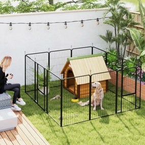 Parque para Cães de 12 Painéis 68x100 cm (CASOTA NÃO INCLUIDA) Parque Dobrável para Cães Médios com Portas Fecho e Estacas Preto