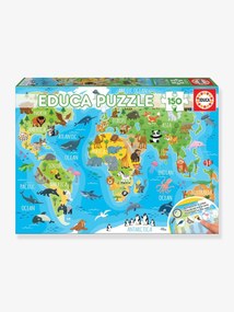 Puzzle 150 peças Mapa Mundo Animais, da EDUCA azul medio liso com motivo